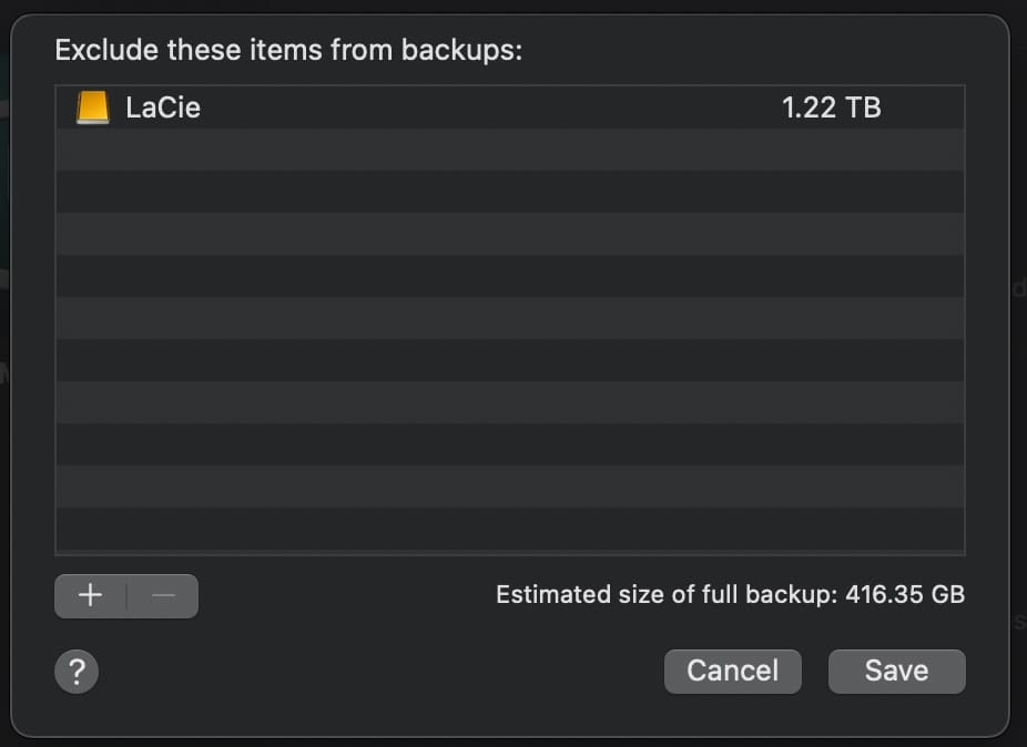 time machine exclude from backups