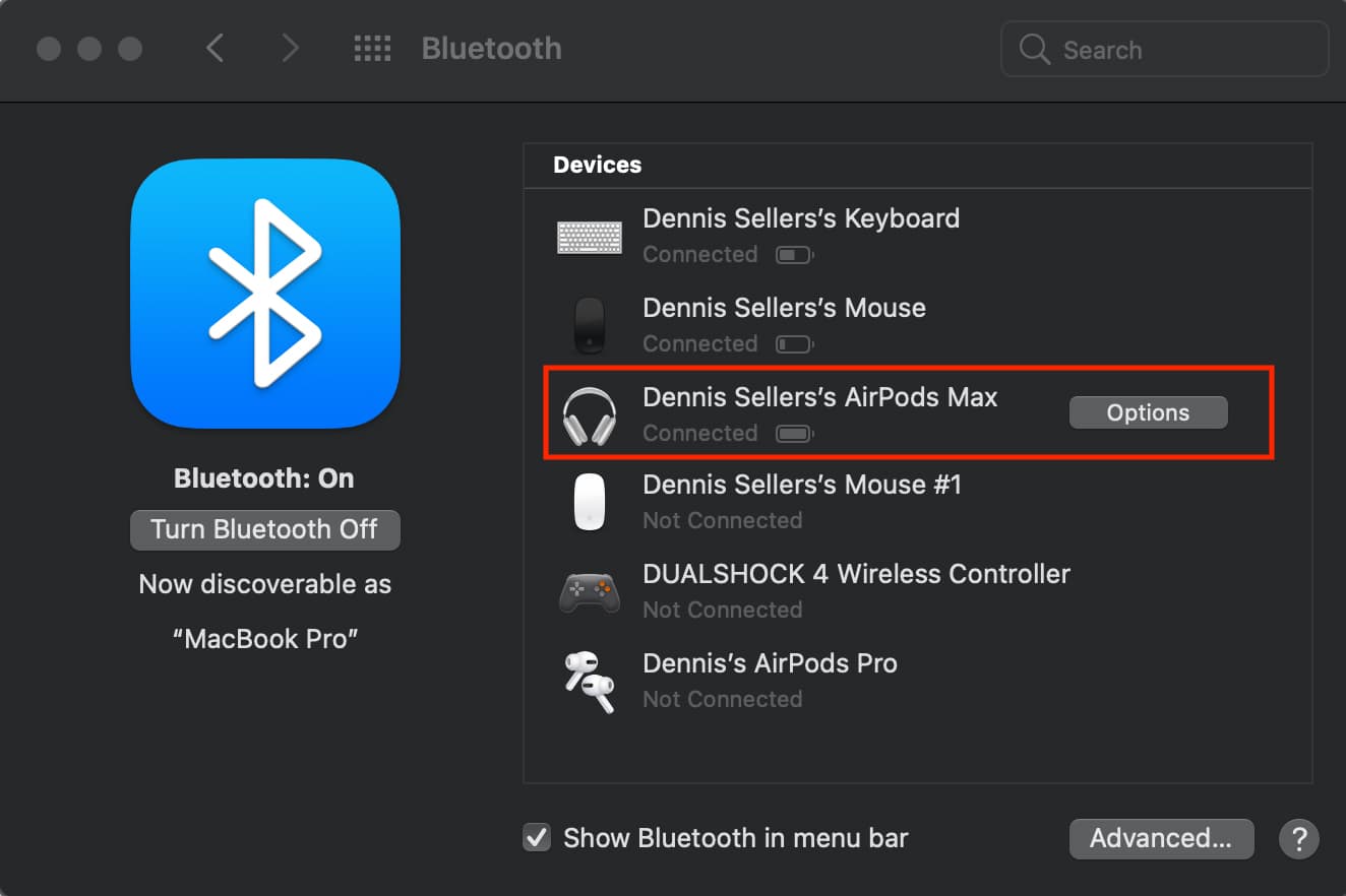 AirPods Max selection in macOS Bluetooth Preferences