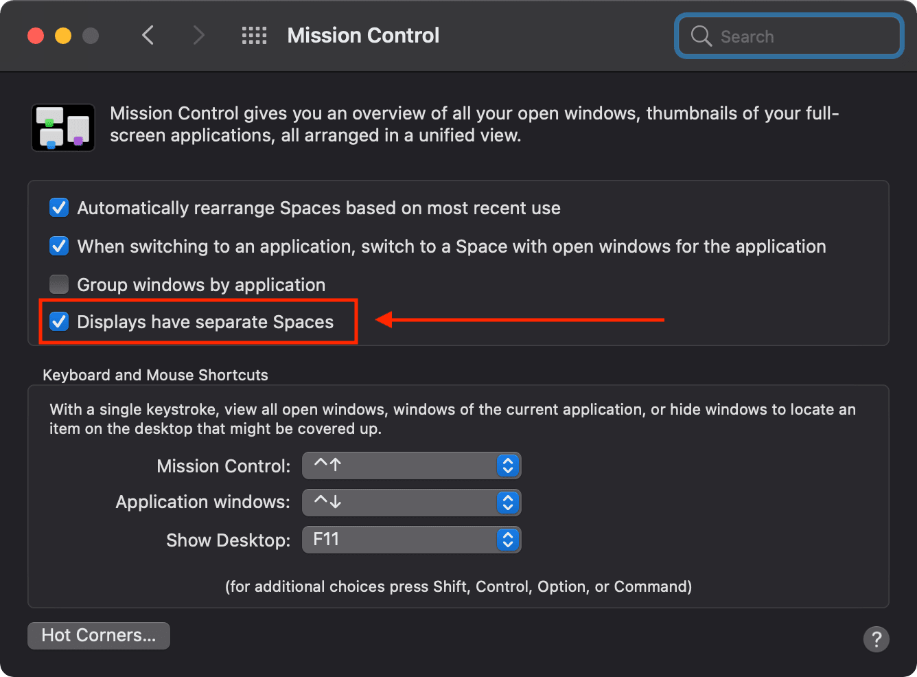 macOS Mission Control preferences