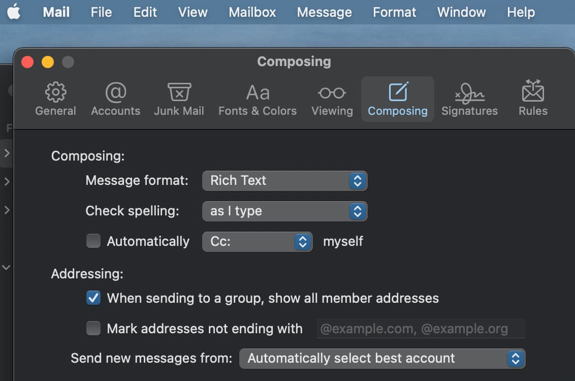 macOS Mail Compose Preferences