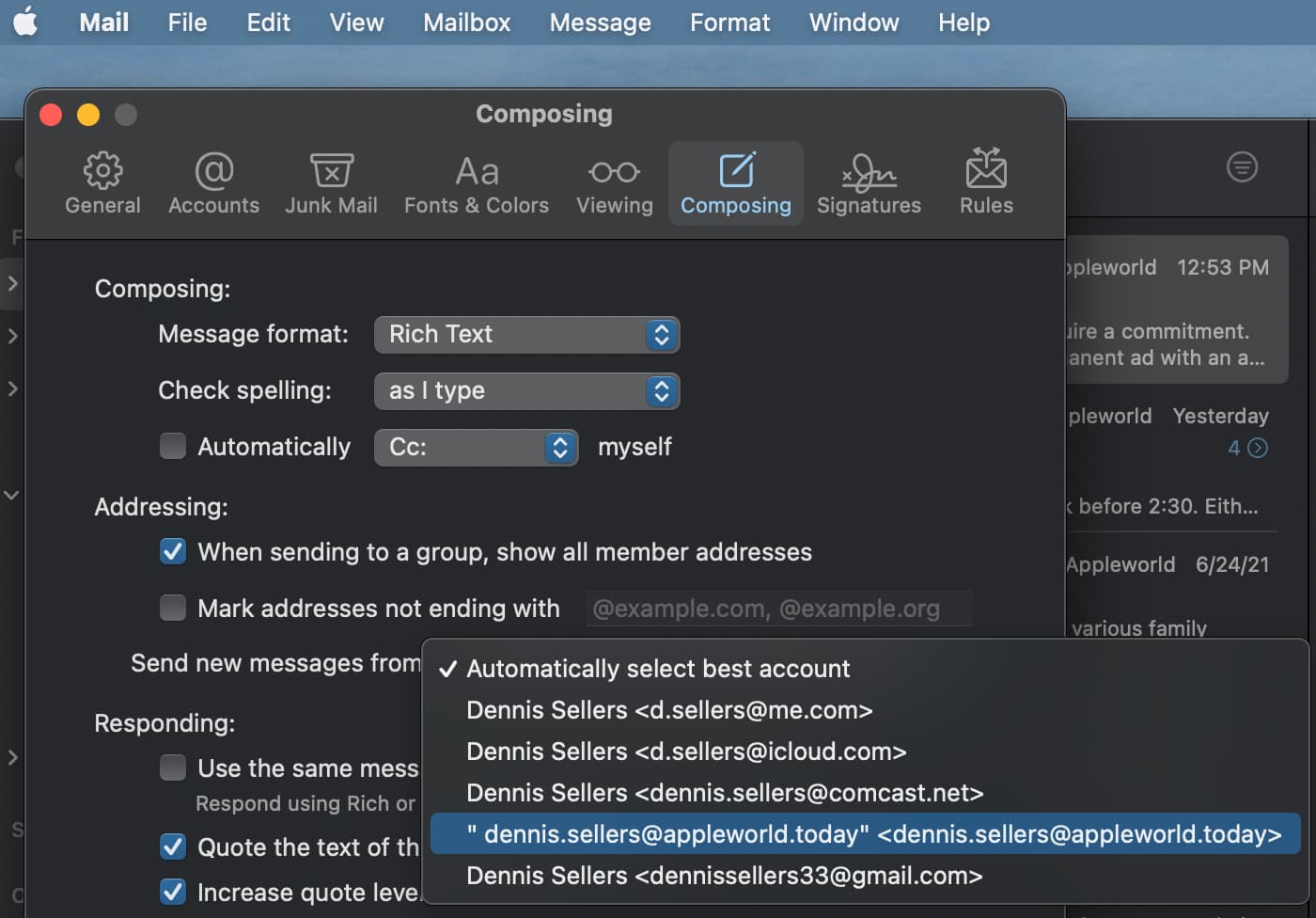 Send new mail preferences default mail account