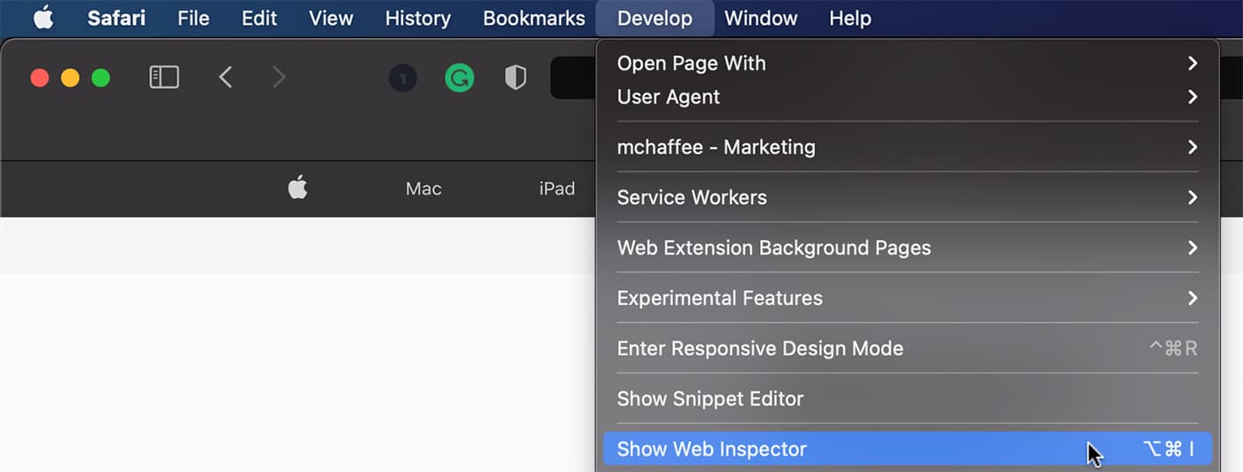 Show Web Inspector in develop menu in safri