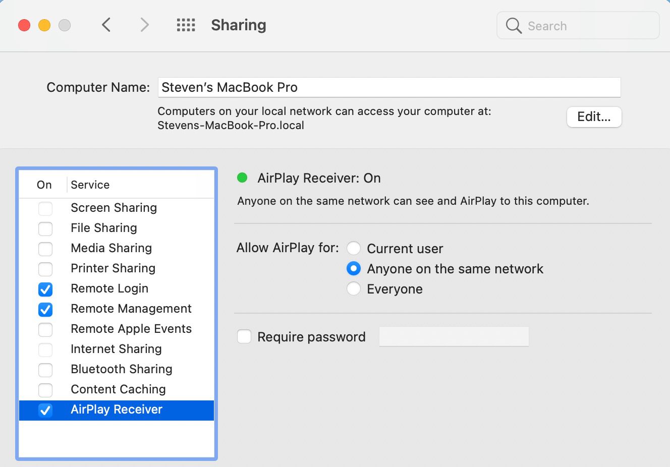 Enabling "AirPlay Receiver" (AKA AirPlay to Mac) in System Preferences > Sharing