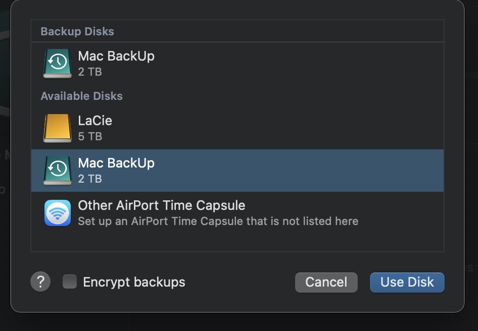 Accessing Time Machine system preferences