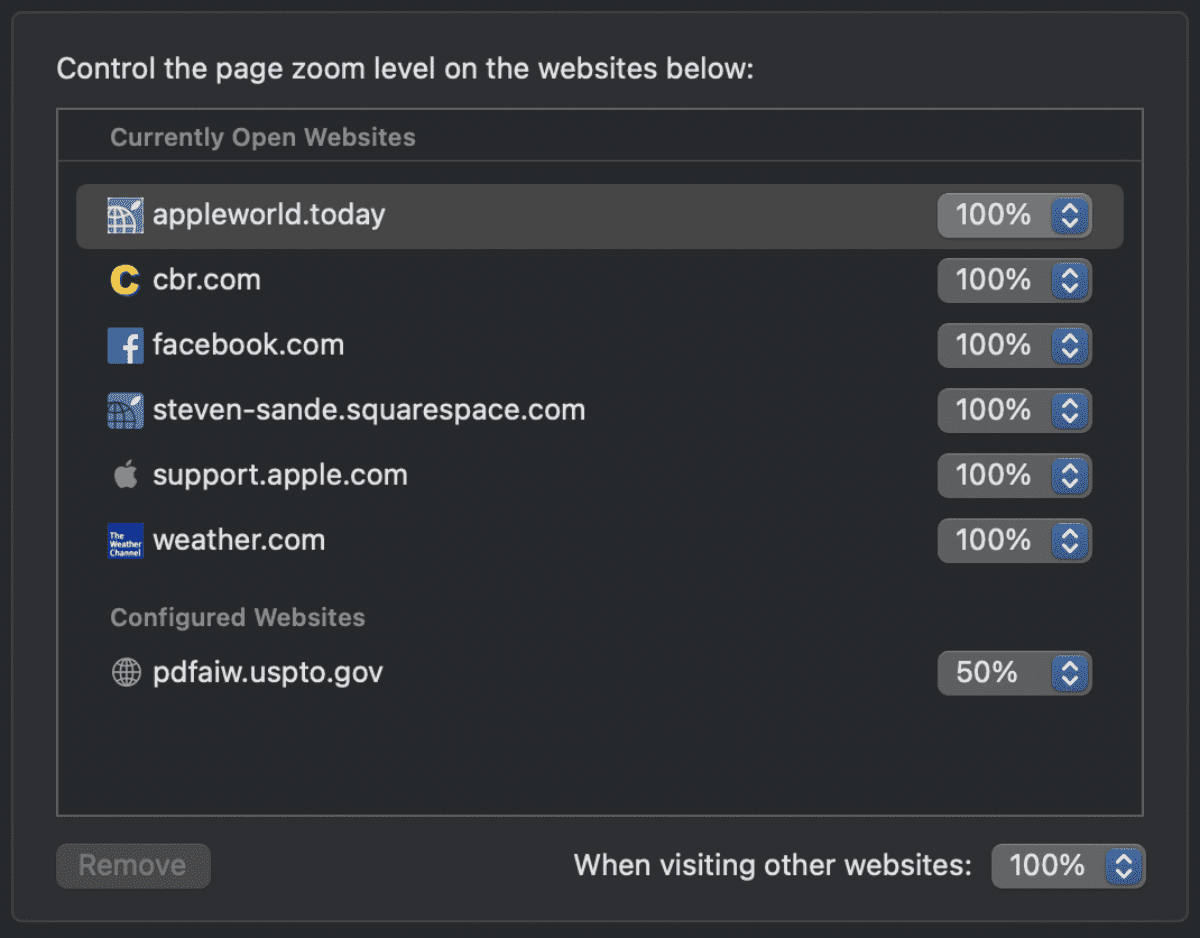 Safari zoom level preferences