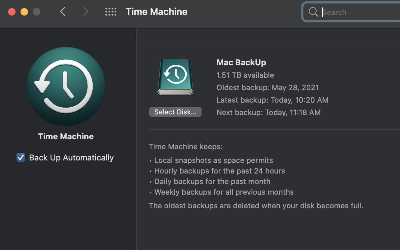 Time Machine system preferences