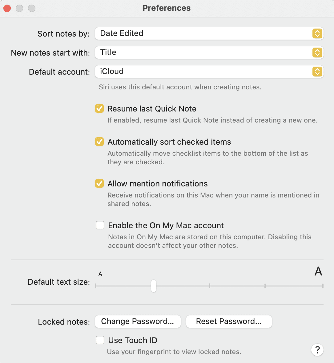 Preferences are found in the Notes app