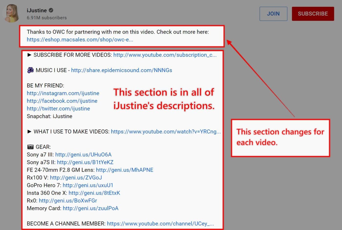 iJustine's YouTube video description