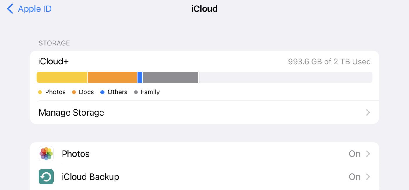 iCloud information screen