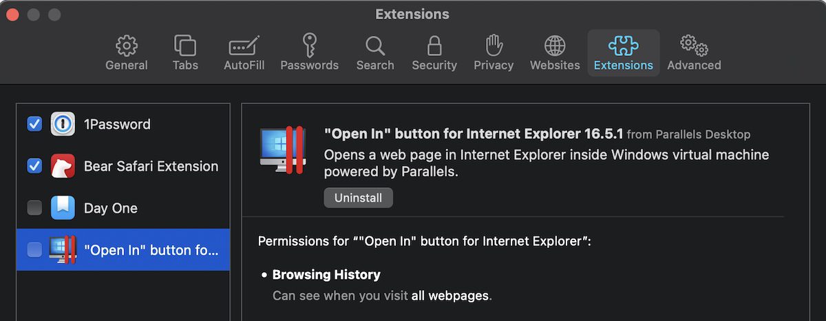 Delete a browser extension by selecting it with a click, then clicking the Uninstall button