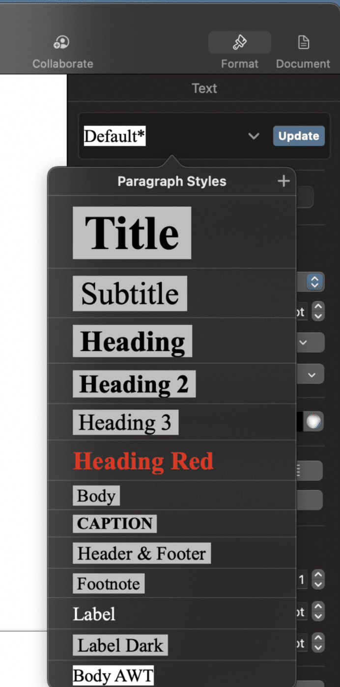 Shown is a list of text styles.