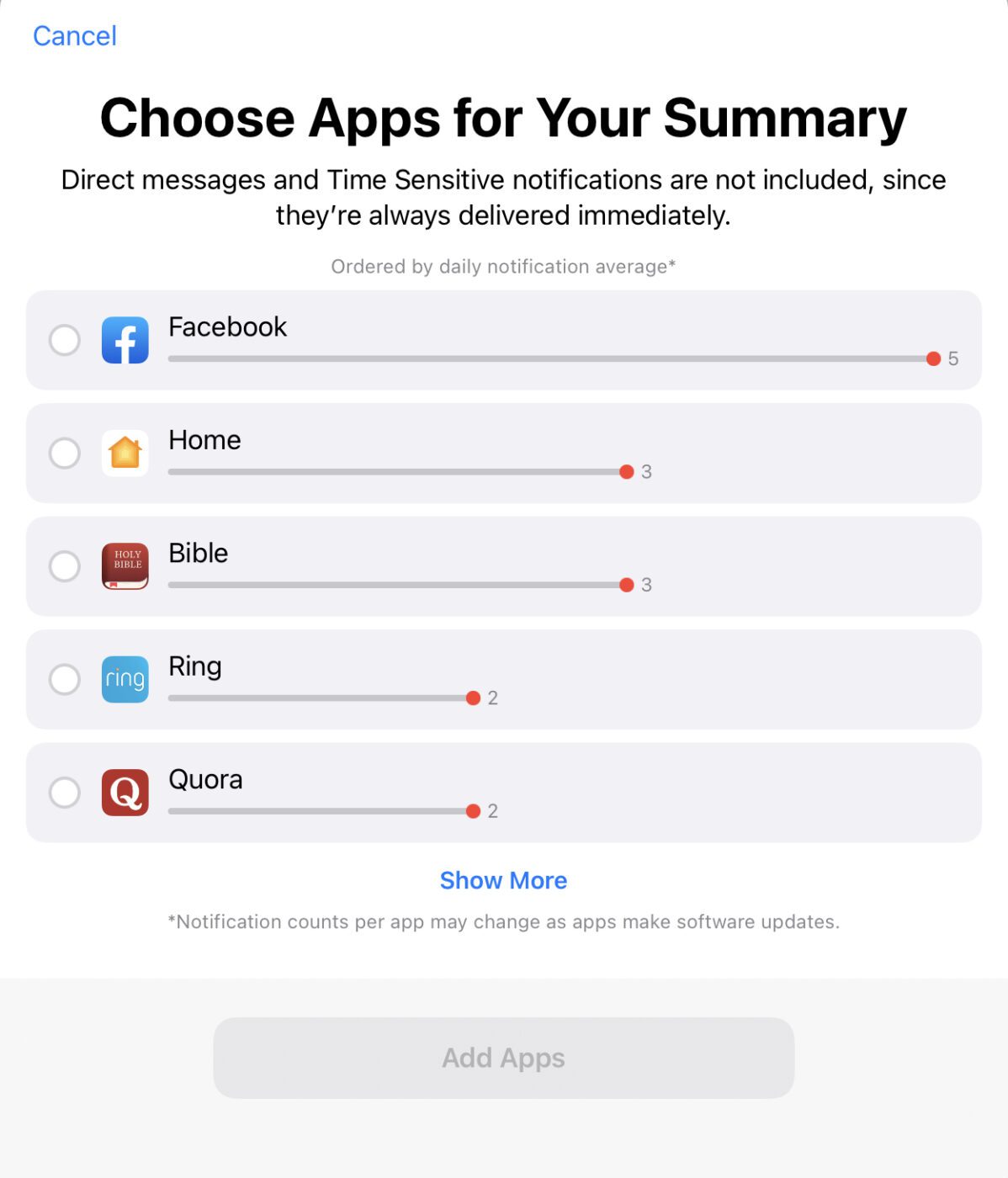 Notification summary choose apps