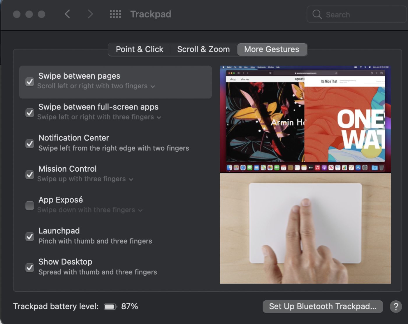 Trackpad More Gesture preferences