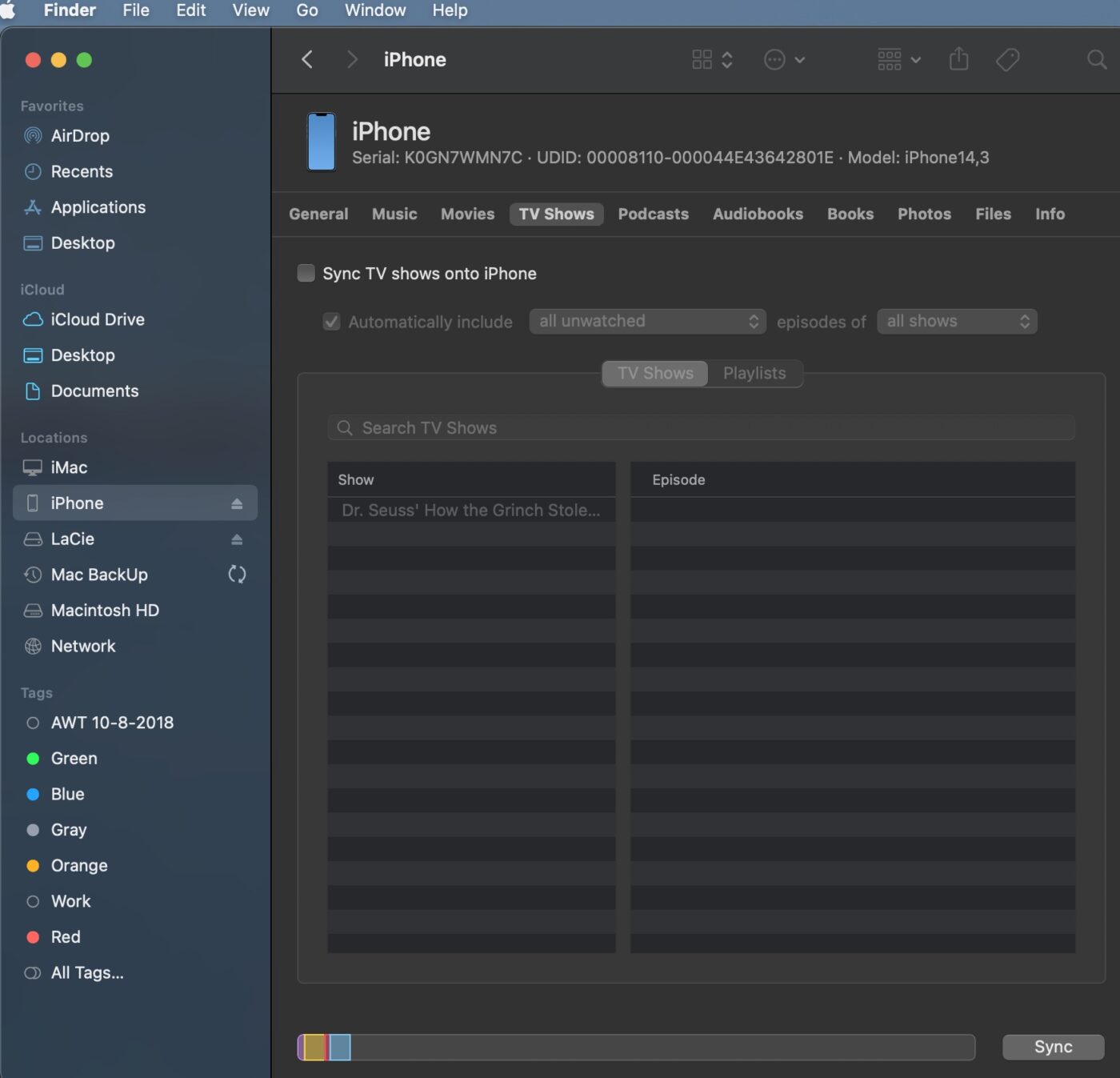 iPhone syncing window - TV shows tab