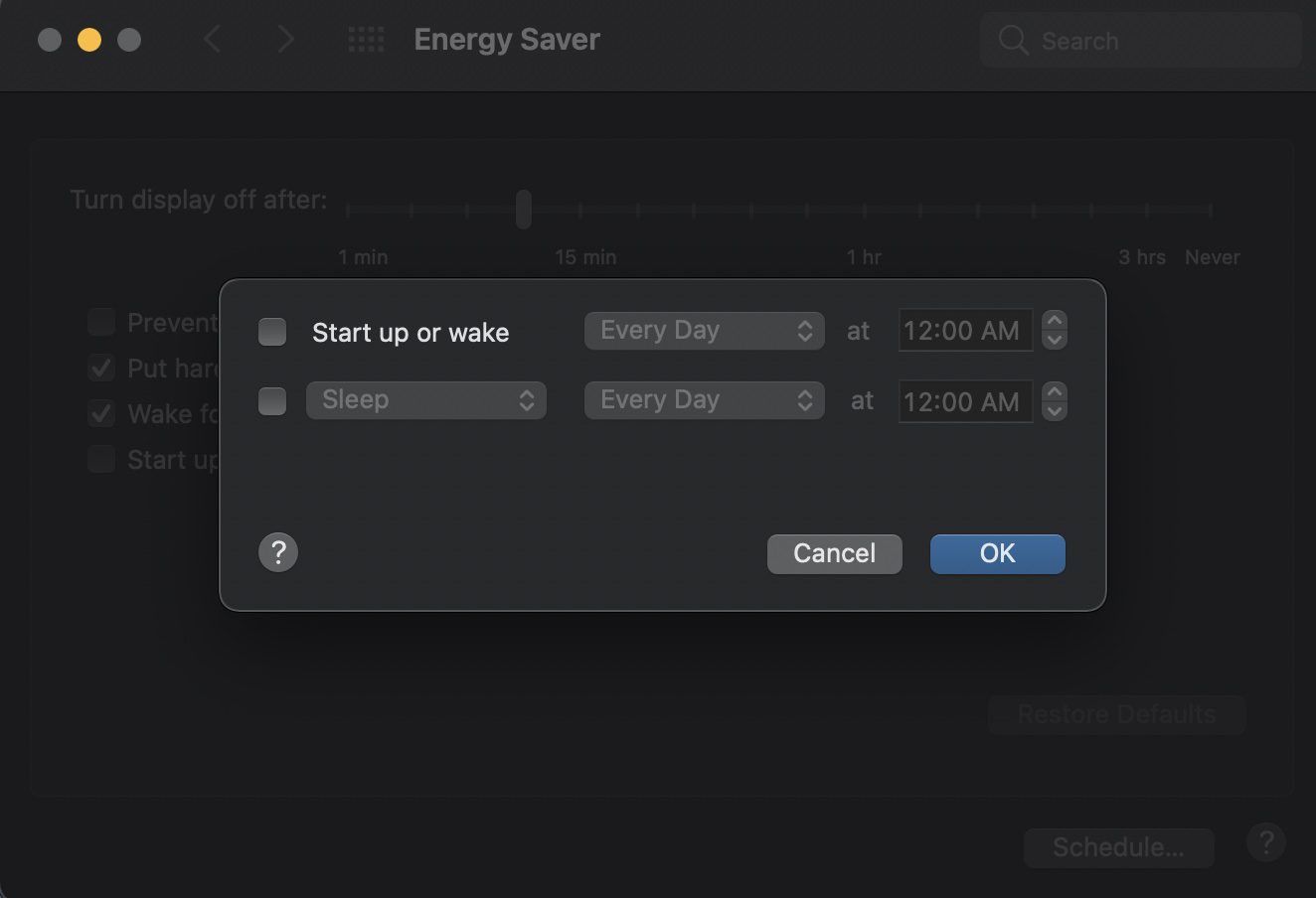 Energy saver start up schedule