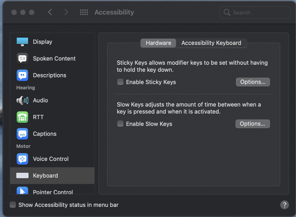 Accessibility preferences keyboard