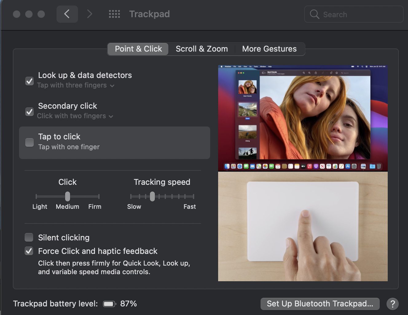 Trackpad point and click preferences