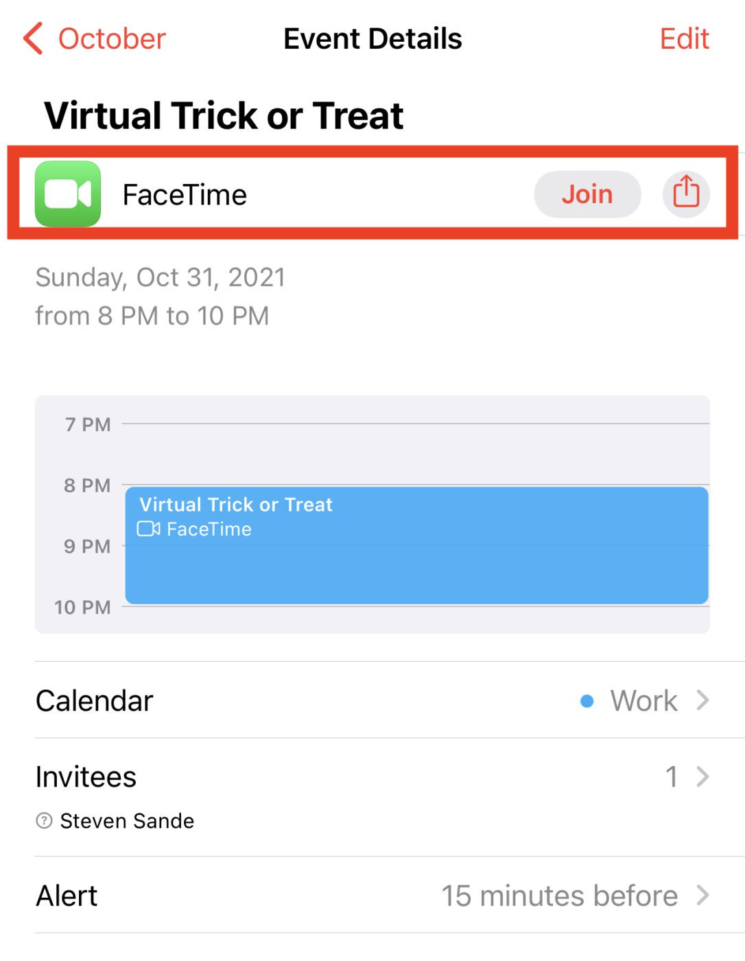 iOS 15 FaceTime Calendar Join Button