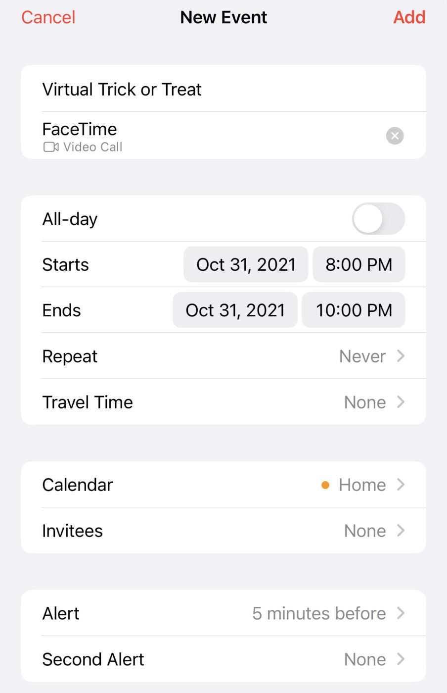 iOS 15 FaceTime Call in Calendar app