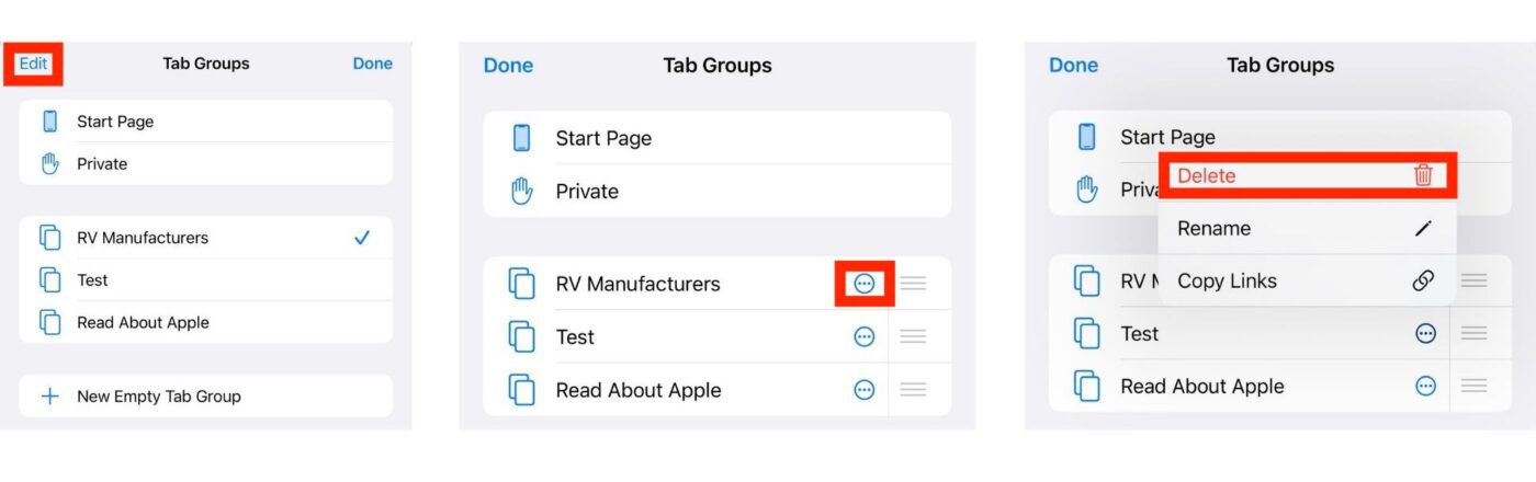 iOS 15 Safari Tab Group Delete