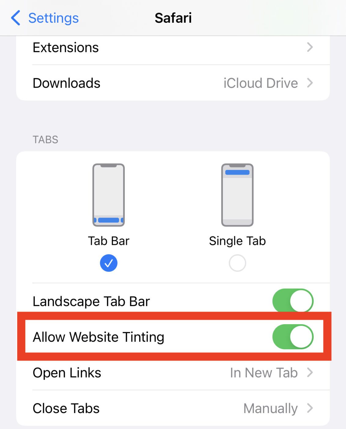 iOS 15 Safari Website Tinting Off