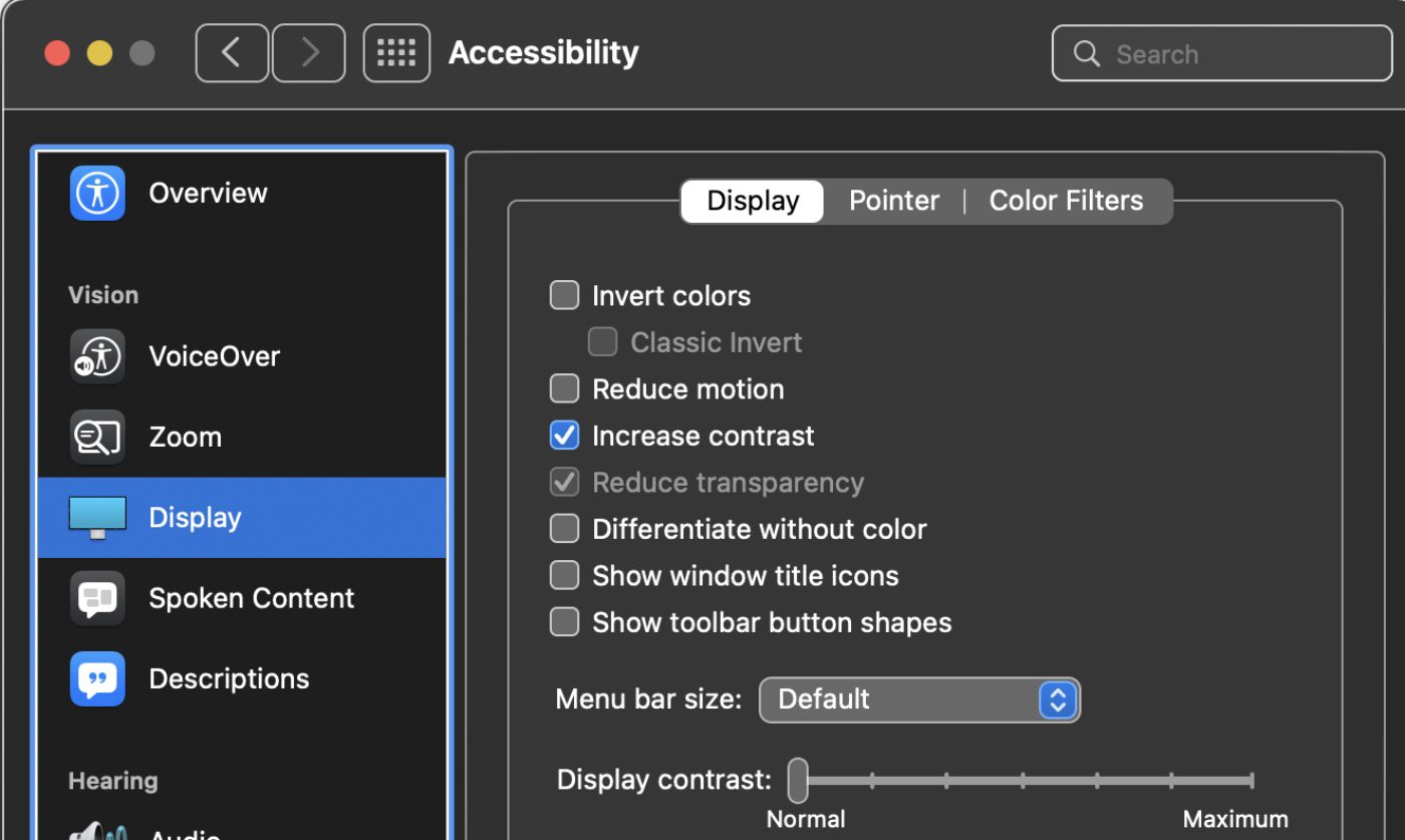 Display Accessibility preferences - display selected