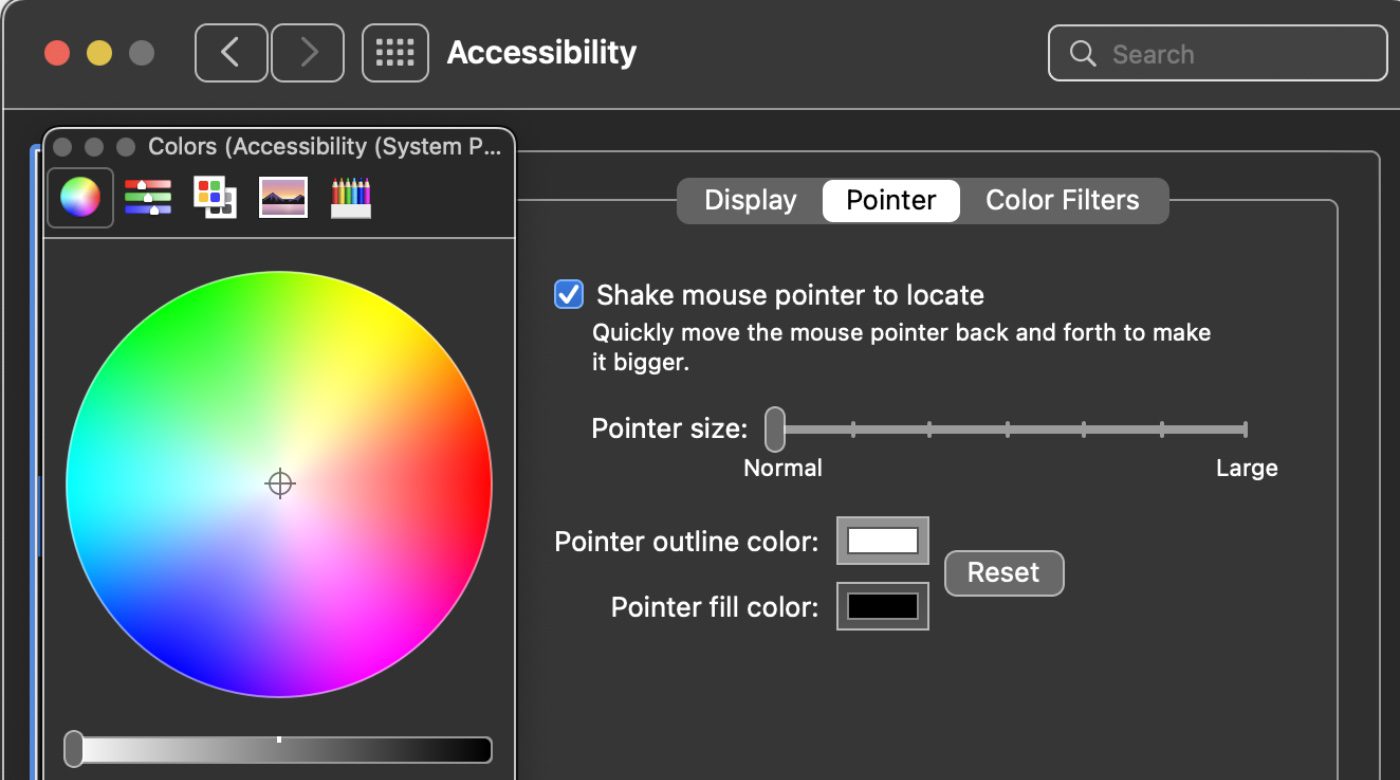 Display Accessibility preferences - change pointer color