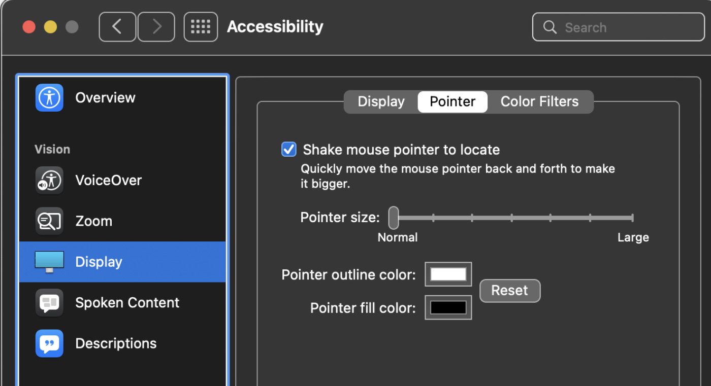 Display Accessibility preferences - pointer tab