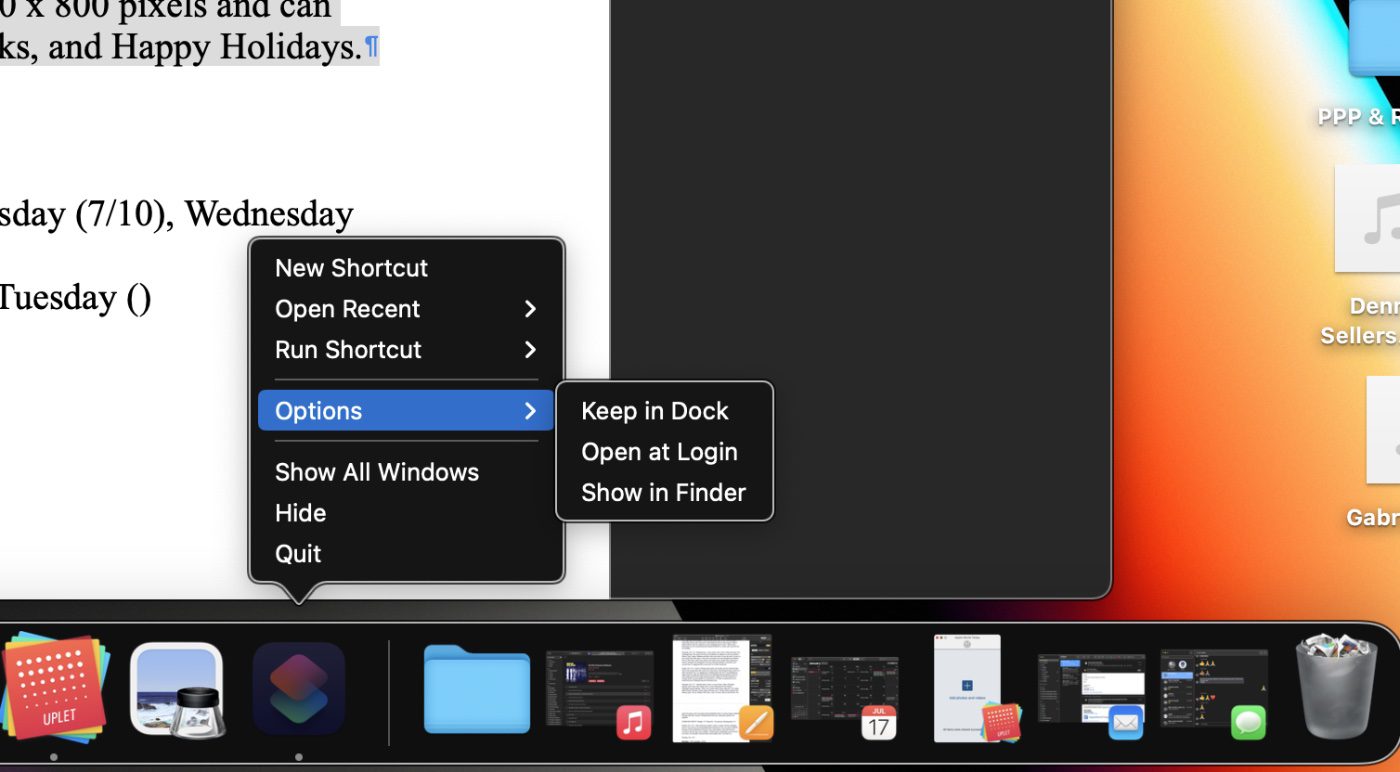 Options, Keep in Dock