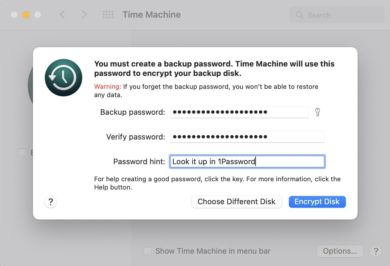 Time Machine encryption password