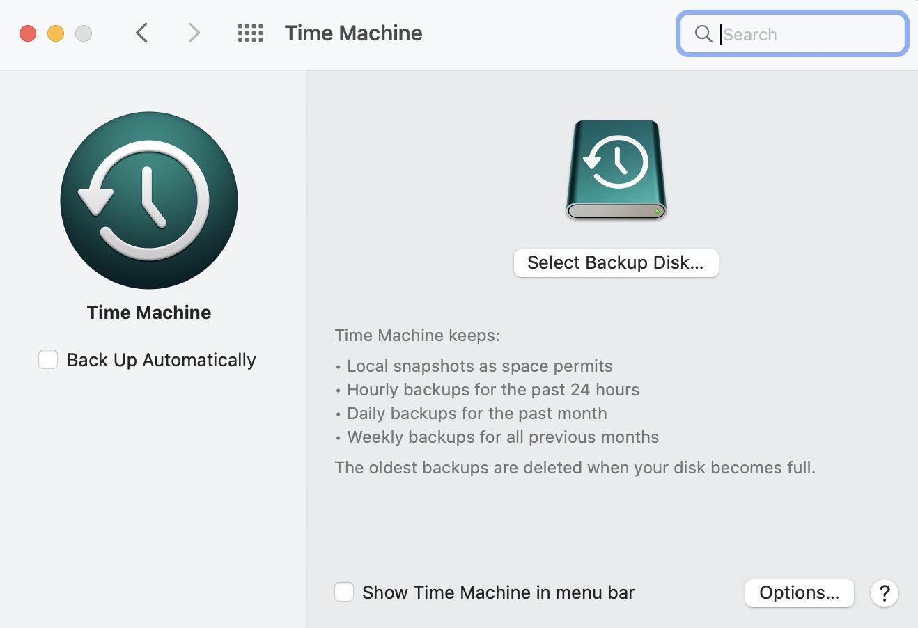 Time Machine pane system preferences