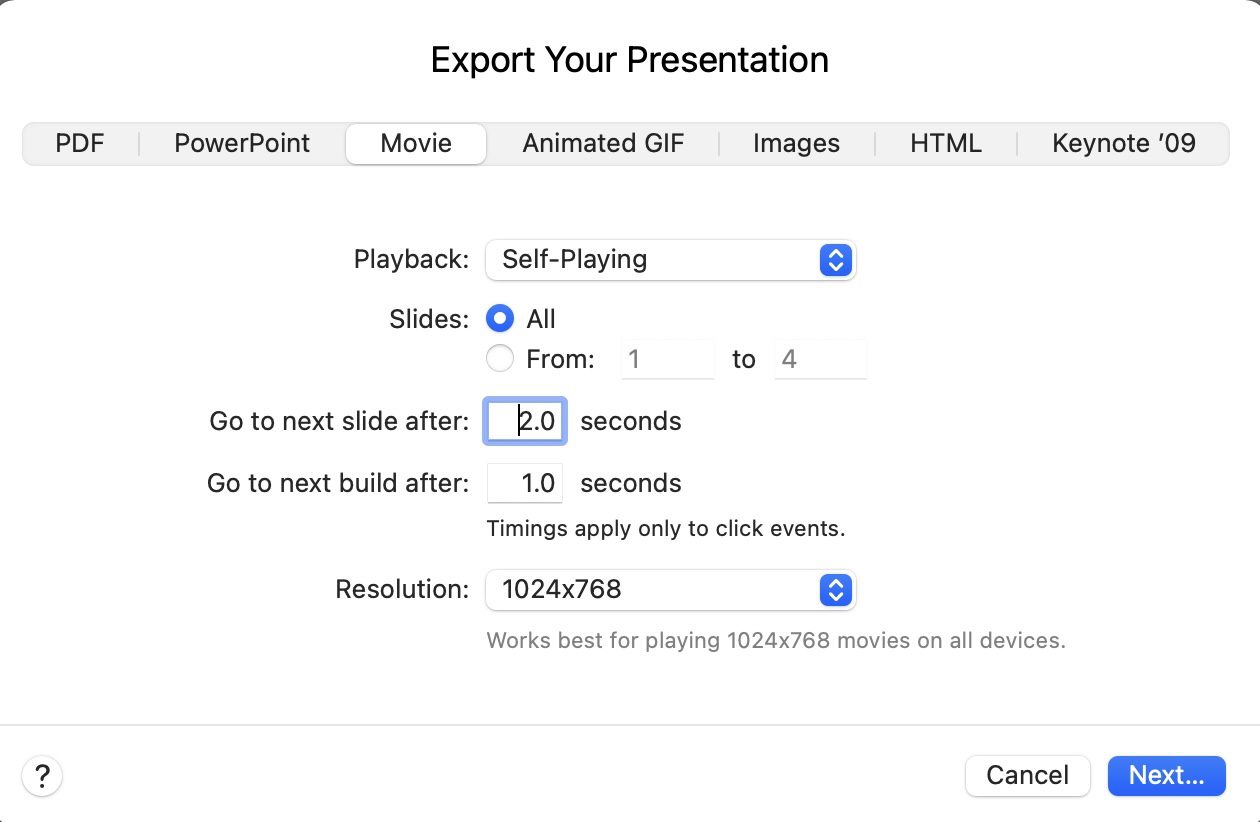 Keynote export to movie settings