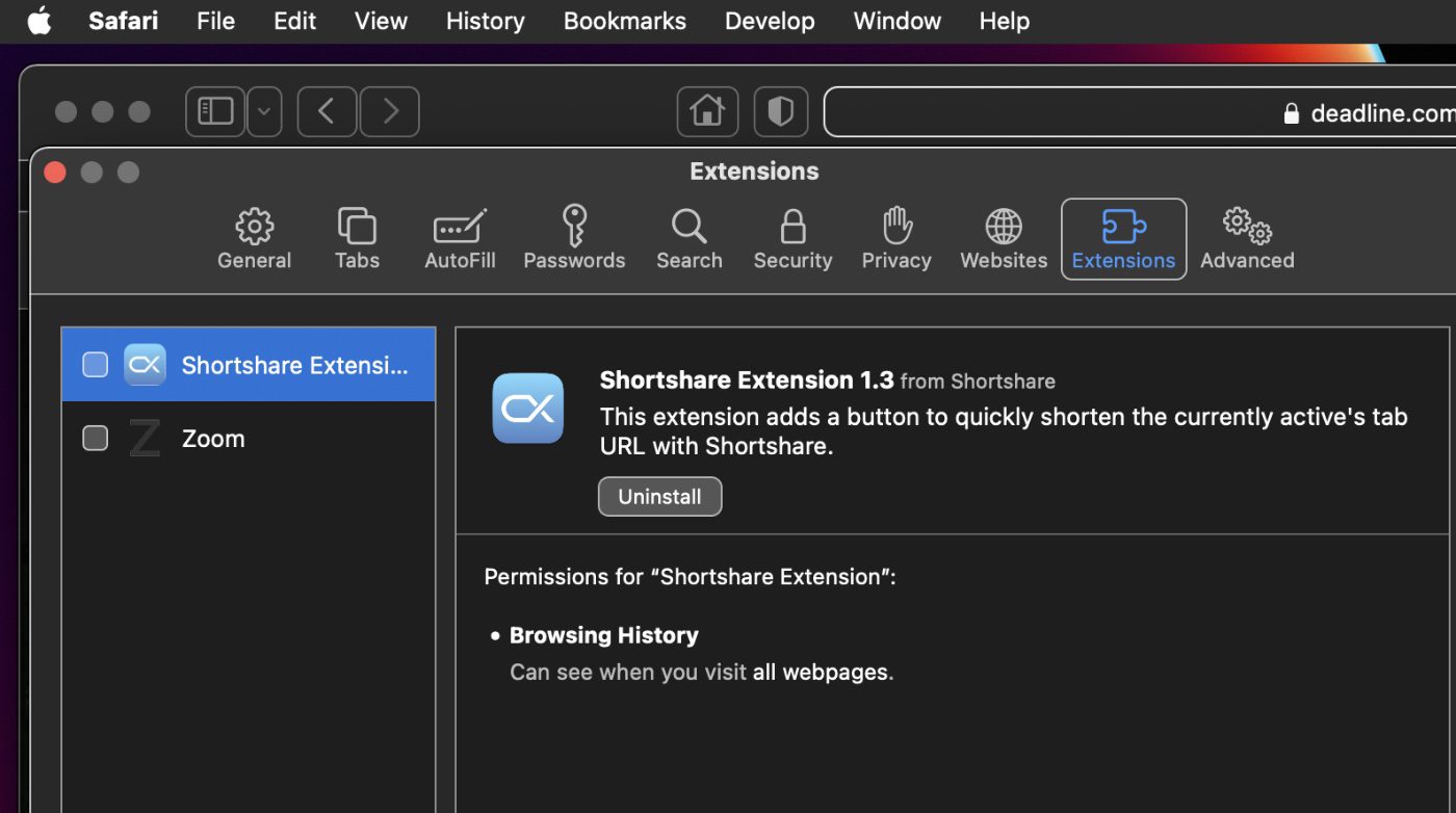 You can manage the Safari extensions.