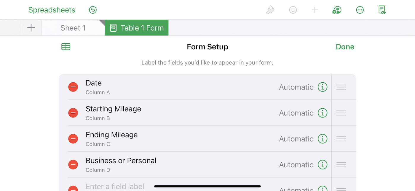 Form from existing spreadsheet table