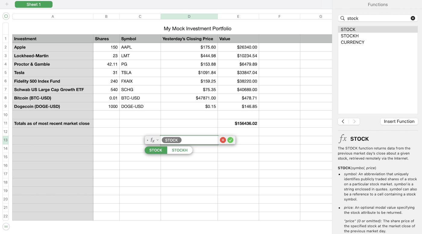 STOCK function in Numbers