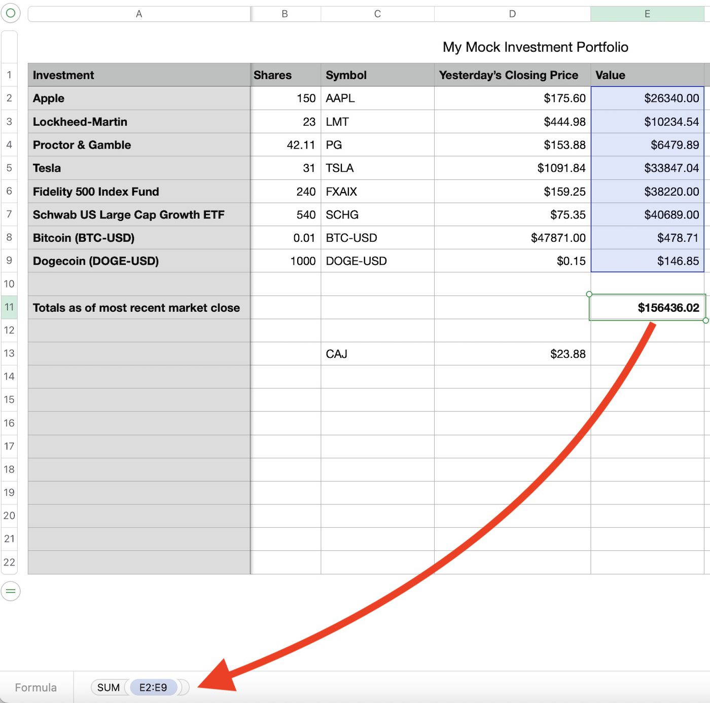 tracking stock values total investment in numbers