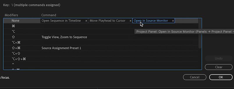 Assigning a shortcut key for both Open Sequence in Timeline and Open in Source Monitor