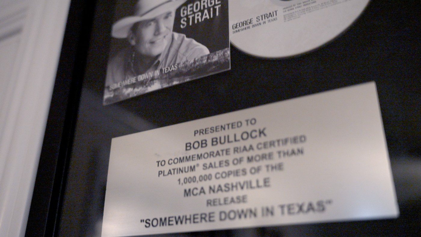Award presented to Bob Bullock to commemorate RIAA certified platinum sales of the MCA Nashville release of "Somewhere Down in Texas"