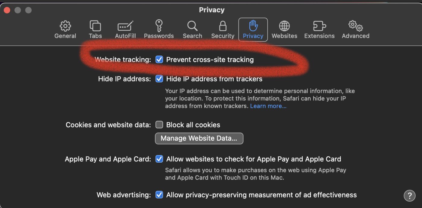 safari setting prevent cross site tracking