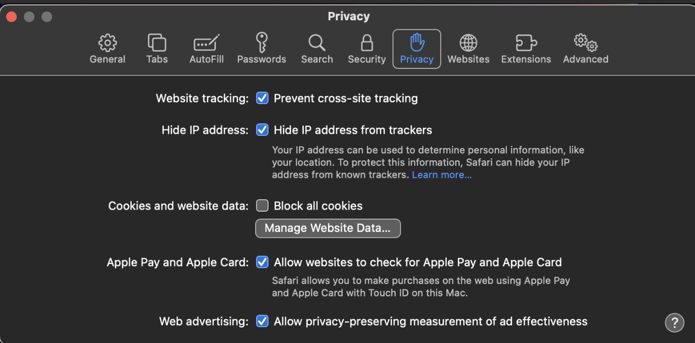 Safari > Preferences > Privacy