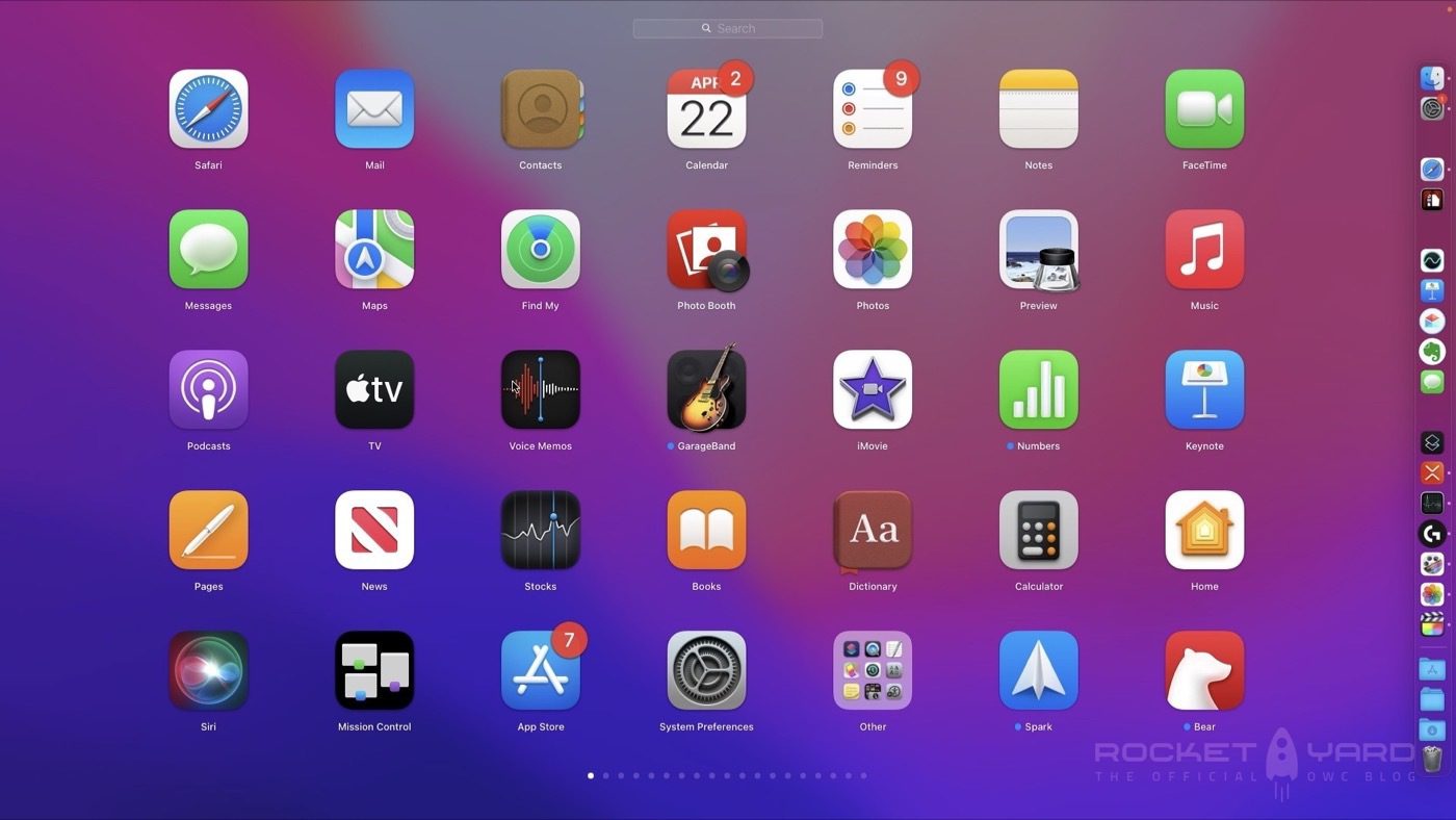 The Launchpad screen of MacOS. Trackpads can open this screen by pinching three fingers together.
