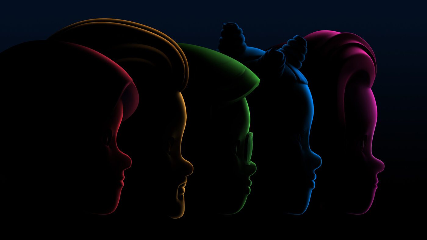Silhouettes of five memoji faces are lit in red, yellow, green, blue, and purple.