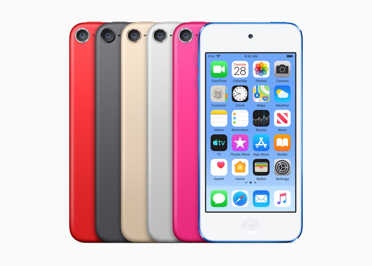 Apple 7th Generation iPod Touch lineup with red, black, gold, silver, pink, and blue models shown.
