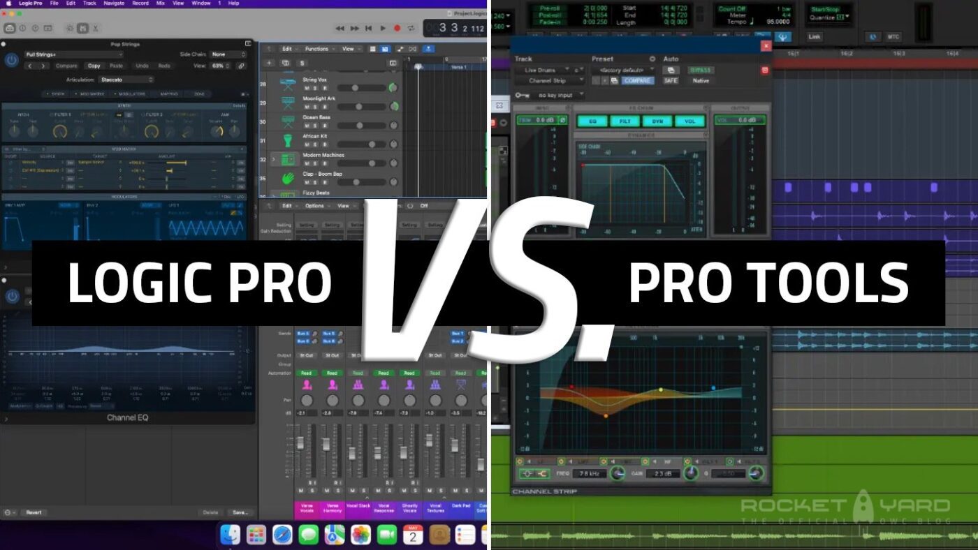 The Logic Pro and Pro Tools interfaces side-by-side with a graphic reading Logic Pro vs. Pro Tools.