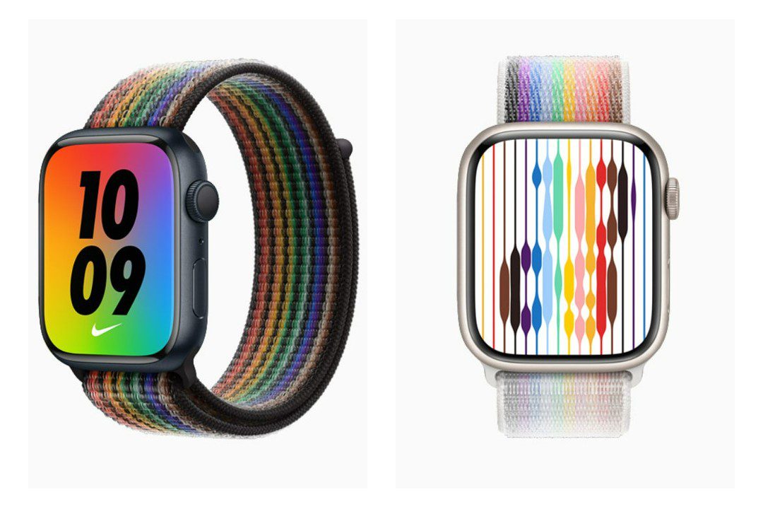 Apple Watches with Pride-themed bands in rainbow colors.