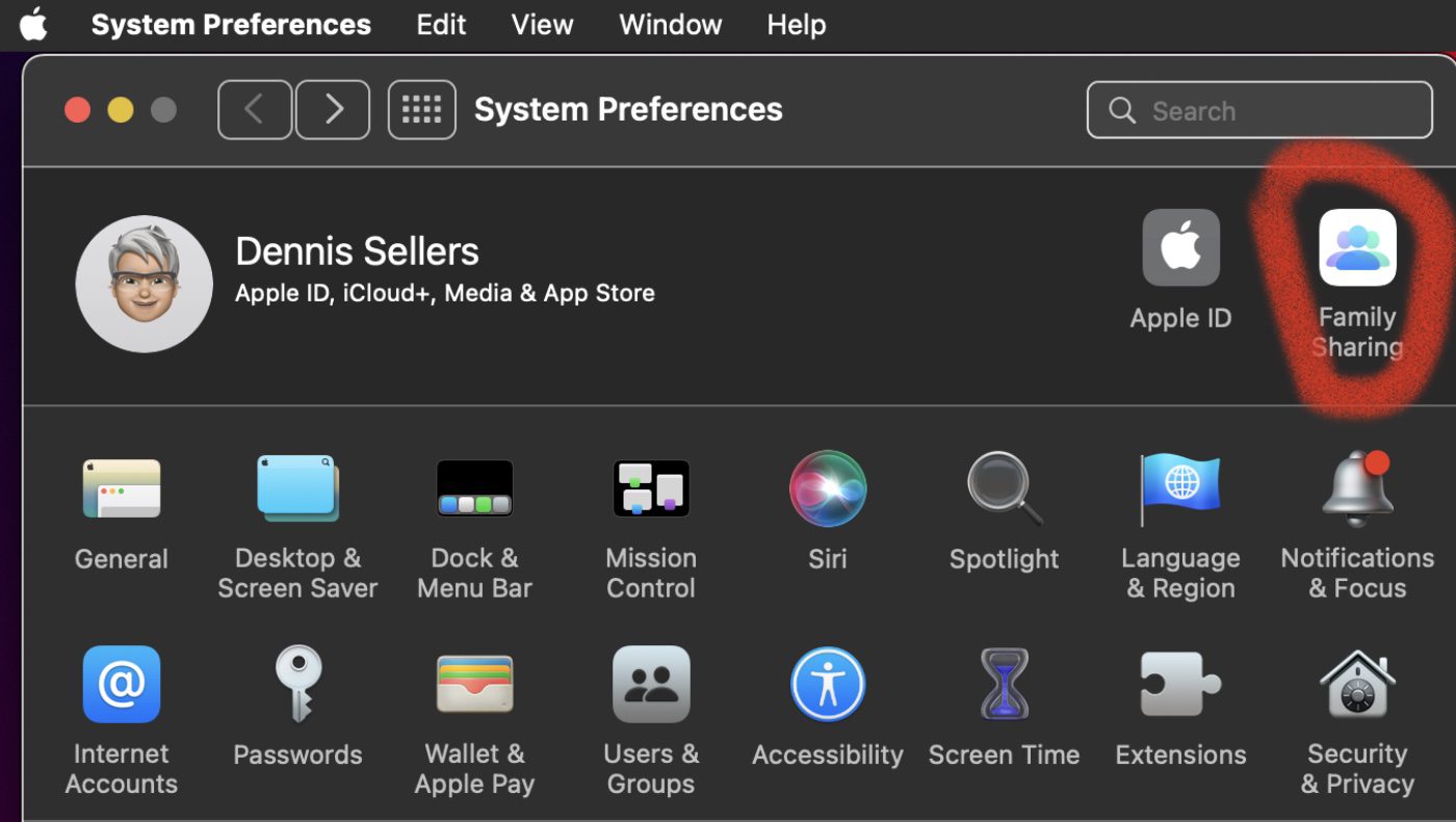 System Prefs > Family Sharing