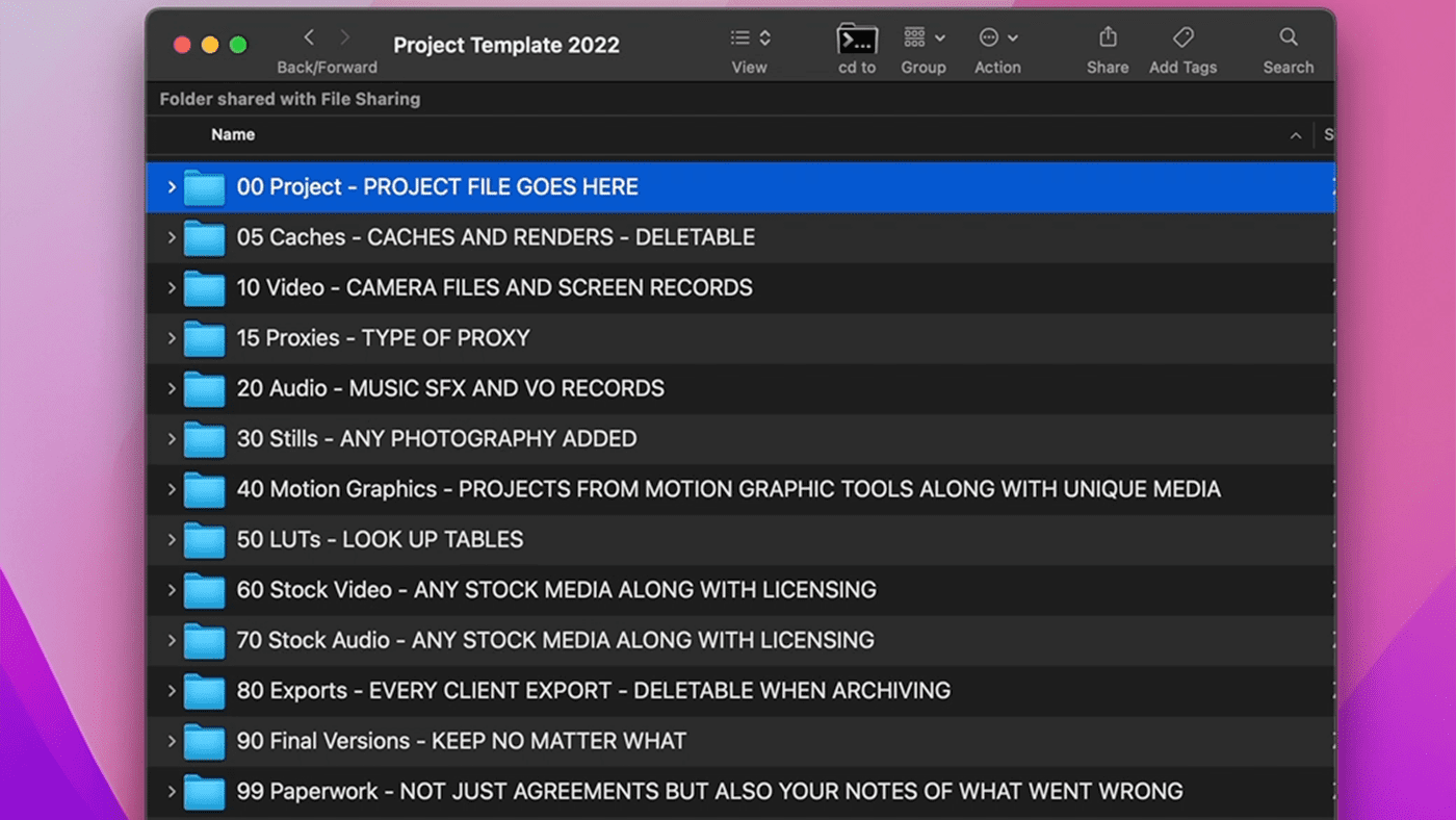 A template for proper folder structure for video editing is displayed in a Mac Finder window.