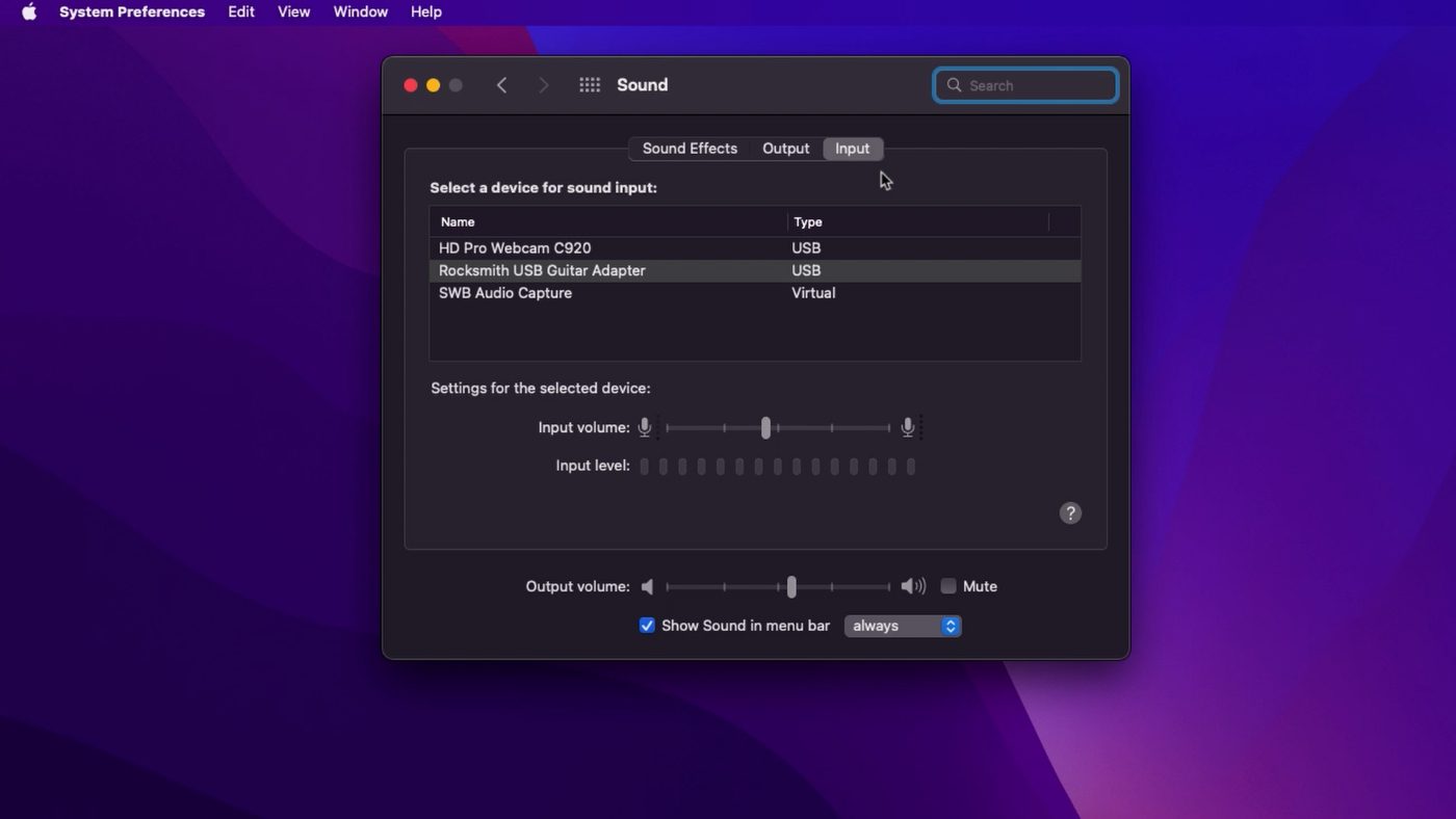 macOS System Preferences, Sound panel.