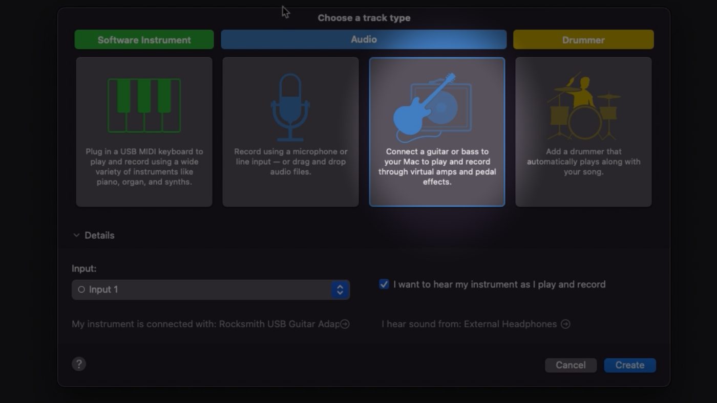 GarageBand panel for selecting the type of track you'd like to produce. Guitar is selected.
