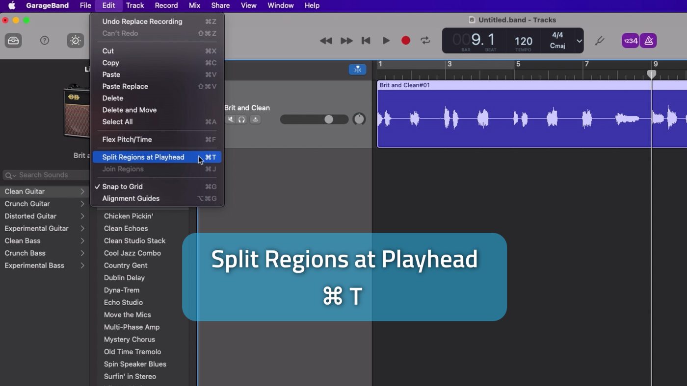 GarageBand project window with the macOS Edit menu open and mouse hovering over the split regions at playhead option.
